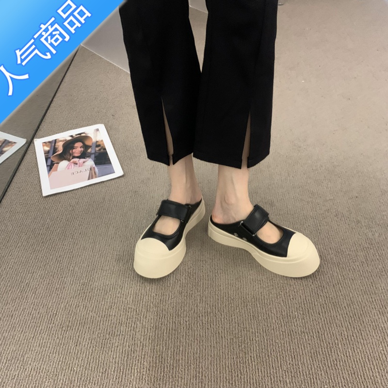 SUNTEK赵露思同款玛丽珍包头半拖鞋女厚底帆布魔术贴丑萌大头小白鞋 SUNTEK赵露思同款玛丽珍包头半...