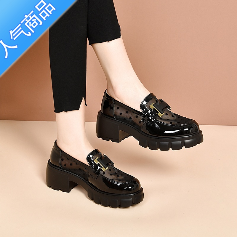 SUNTEK厚底一脚蹬亮面小皮鞋女2023春夏新款英伦风网纱乐福鞋女粗跟 SUNTEK厚底一脚蹬亮面小皮鞋女...